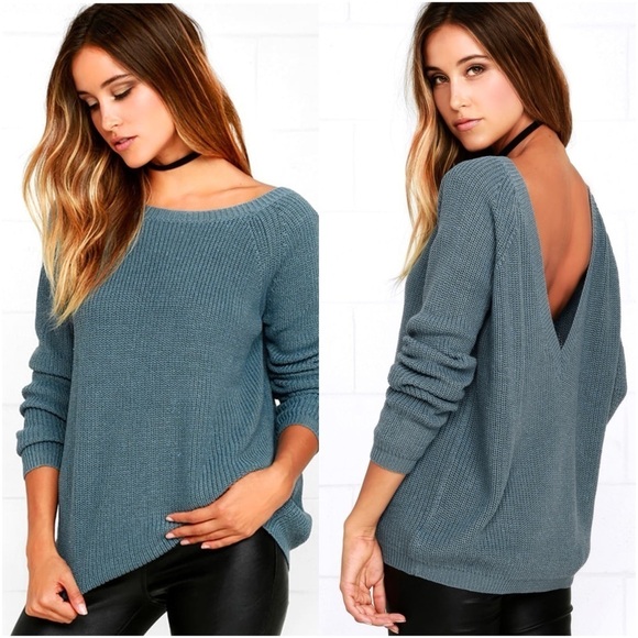 LULU’S Just For You Slate Blue Backless Sweater - Picture 1 of 5